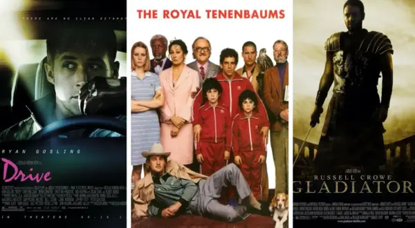 Tre filmaffischer: "Drive" med Ryan Gosling, "The Royal Tenenbaums" med en ensemblecast, och "Gladiator" med Russell Crowe. Perfekt för mysiga filmer.