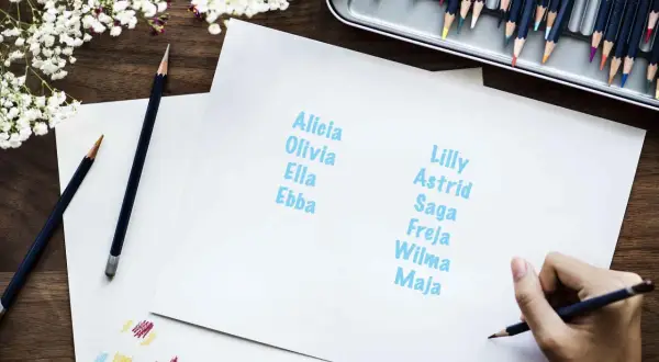 En hand skriver nordiska flicknamn som Alicia, Olivia, Ella, Ebba, Lilly, Astrid, Saga, Freja, Wilma och Maja.