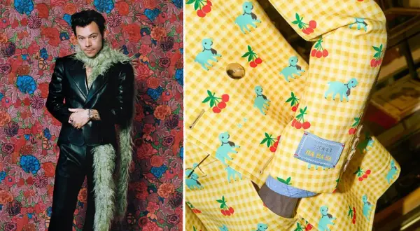Harry Styles i en svart läderkostym med en fluffig halsduk, framför en blommig bakgrund. Bredvid syns en gul rutig kavaj med hund- och körsbärsmönster från Gucci.