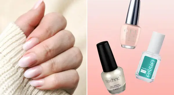 Vackra, naturliga naglar med en fransk manikyr som påminner om Hailey Biebers naglar. Tre nagellackflaskor syns bredvid.