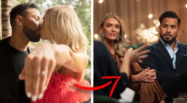 Kärlek och drama i Bachelor in Paradise Sverige. Ett par kysser varandra, en ring syns på hennes finger. På höger sida sitter ett annat par, redo för samtal.