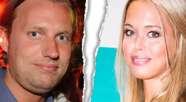 Nils Tham och en kvinna med blont hår, delade i mitten av en trasig bild.