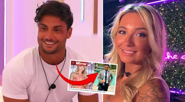 Davide från Love Island med en tidning som visar Nicci, en svensk Love Island-stjärna.