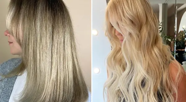 Före och efter-bilder på en hårförvandling. Vänster: mörkare, rakt hår. Höger: blont, vågigt hår med en klassisk scandinavian hairline.