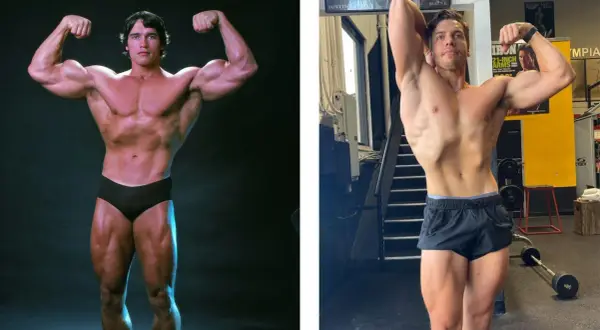 Arnold Schwarzenegger och Joseph Baena visar upp sina muskler i en jämförelse.