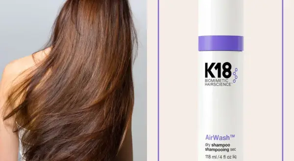 Långt, brunt hår som svajar. Bredvid en flaska K18 AirWash dry shampoo, för fräscht hår mellan tvättar.