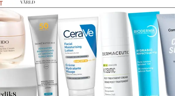 Flera solskyddsprodukter med SPF, inklusive SkinCeuticals och Bioderma, visas.