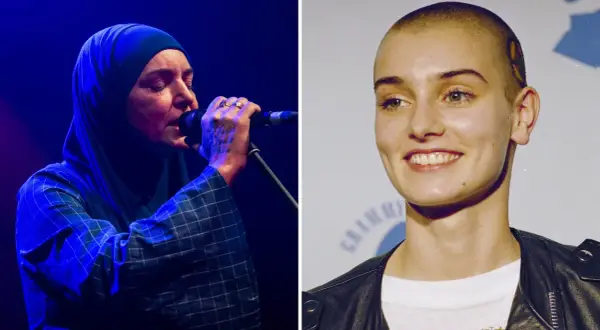 Sinead O'Connor med långt hår och som ung, samt senare med hijab och sjungande.
