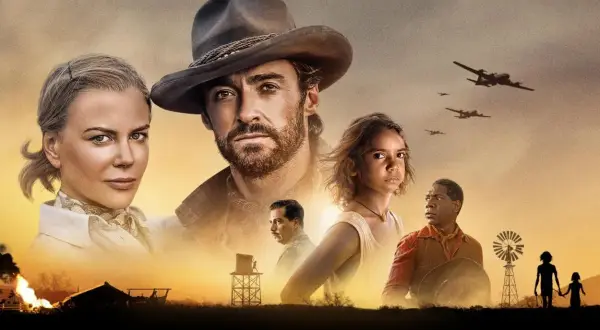 Nicole Kidman och Hugh Jackman i en episk berättelse om australiska filmer. En ung flicka och en man står vid en väderkvarn.