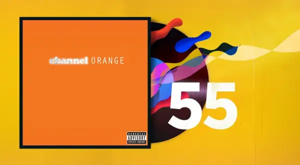 Orange skivomslag med texten "channel ORANGE" och en "Parental Advisory" etikett. Bredvid syns en vinylskiva med färgglada former och siffran 55. En hyllning till Frank Oceans nya album.