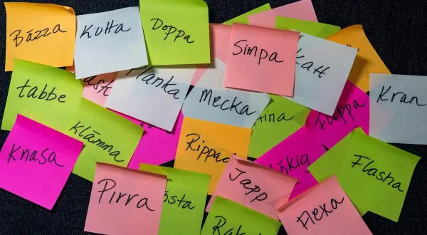 Färgglada post-it-lappar med ord som "Bázza", "Kuta", "Doppa", "Simpa", "Planka", "Mecka", "Rippac", "Japp", "Raket", "Flasha", "Flexa" och "Kran". Kanske en ordlek eller en synonymlista för skvaller?