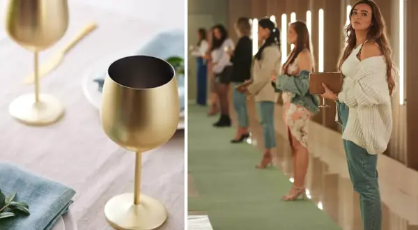 Två guldfärgade vinglas står på ett dukat bord. I bakgrunden står kvinnor uppradade, som i en dejtingtävling, kanske är kärleken blind.