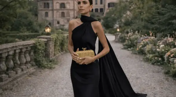 Kvinna i elegant svart klänning med släp, perfekt för black tie dress code women. Hon håller en guldig clutch.