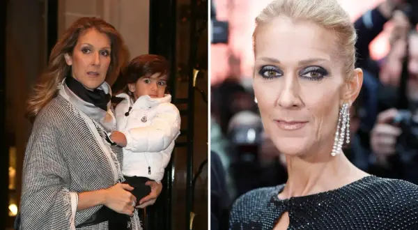 Celine Dion håller sitt barn, en pojke i vit jacka. Till höger syns Celine Dion med smink och örhängen.