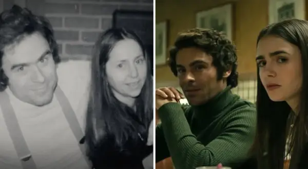 Bilden visar en jämförelse mellan verkliga foton och scener från filmen Ted Bundy.