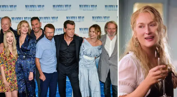 Skådespelarna från Mamma Mia! Here We Go Again samlade, med Meryl Streep som njuter av ett glas. Mamma mia 3!