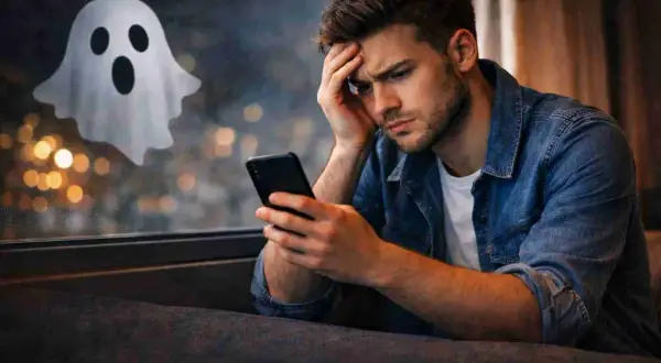 En man sitter med mobilen och ser bekymrad ut. Utanför fönstret syns en spöklik figur, som om någon vill ghosta honom.