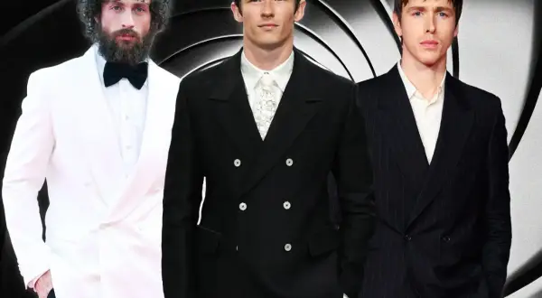 Tre män i kostym, en vit, en svart och en randig, poserar framför en Bond-inspirerad bakgrund. Kan någon av dem vara den nya James Bond?