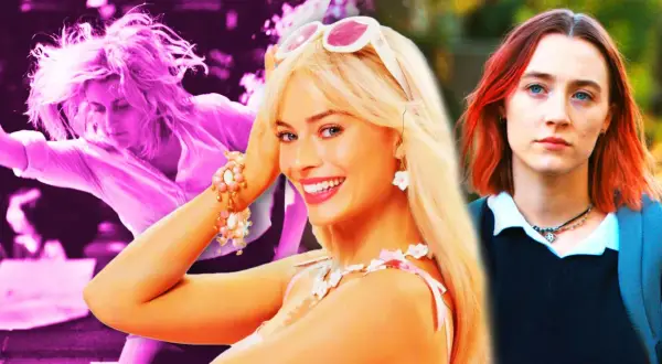 Tre kvinnor från filmer med Greta Gerwig: en i rosa, en som Barbie och en med rött hår.