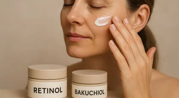 Kvinna applicerar kräm på kinden. Två burkar syns, en med texten RETINOL, den andra med BAKUCHIOL.