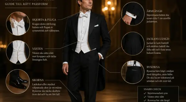 Man i frack med vit fluga och väst, en guide till perfekt passform för klädkoden black tie. Detaljer om skjorta, ärmlängd, jacka, byxor och skor.