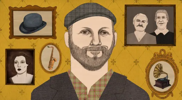 Illustration of a man with a beard and cap, surrounded by framed portraits of a woman, a saxophone, two men, and a gramophone.