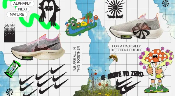 En sko och en svampkaraktär med texten "MOVE TO ZERO" som symboliserar Nikes resa mot en koldioxidfri framtid.