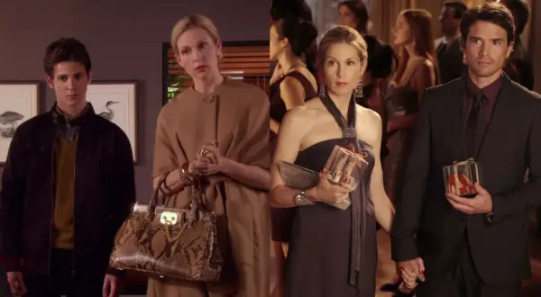 Lily van der Woodsen och hennes familj på en tillställning. En ung man, Lily i en beige kappa, och ett par som håller varandra i handen.