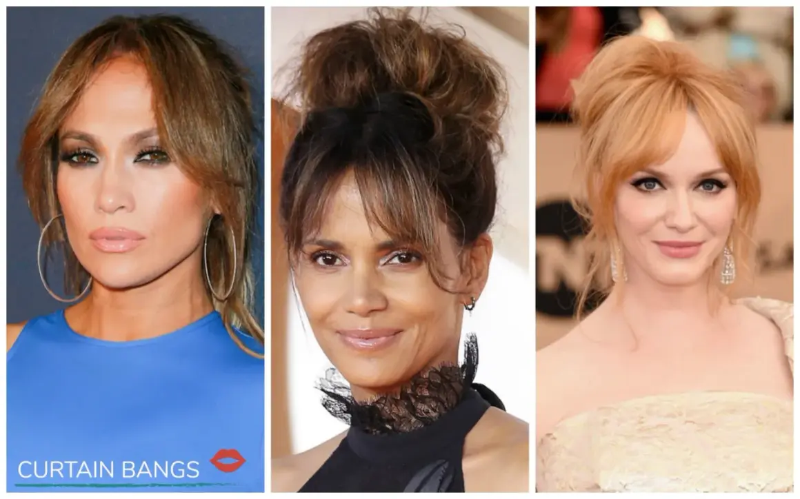 Tre kändisar visar hur man stylar curtain bangs: J.Lo, Halle Berry och Christina Hendricks.