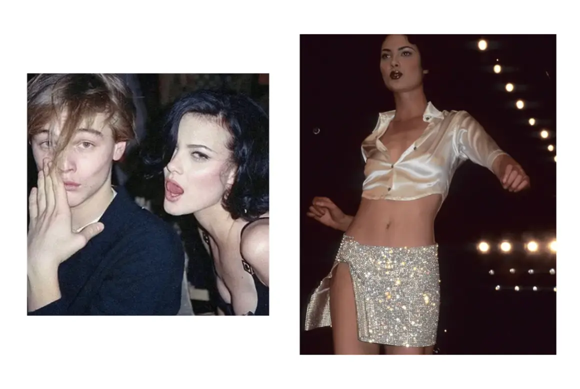 Shalom Harlow 90s-stil med Leonardo DiCaprio. En annan bild visar Shalom Harlow i en glittrig minikjol och satin-topp.