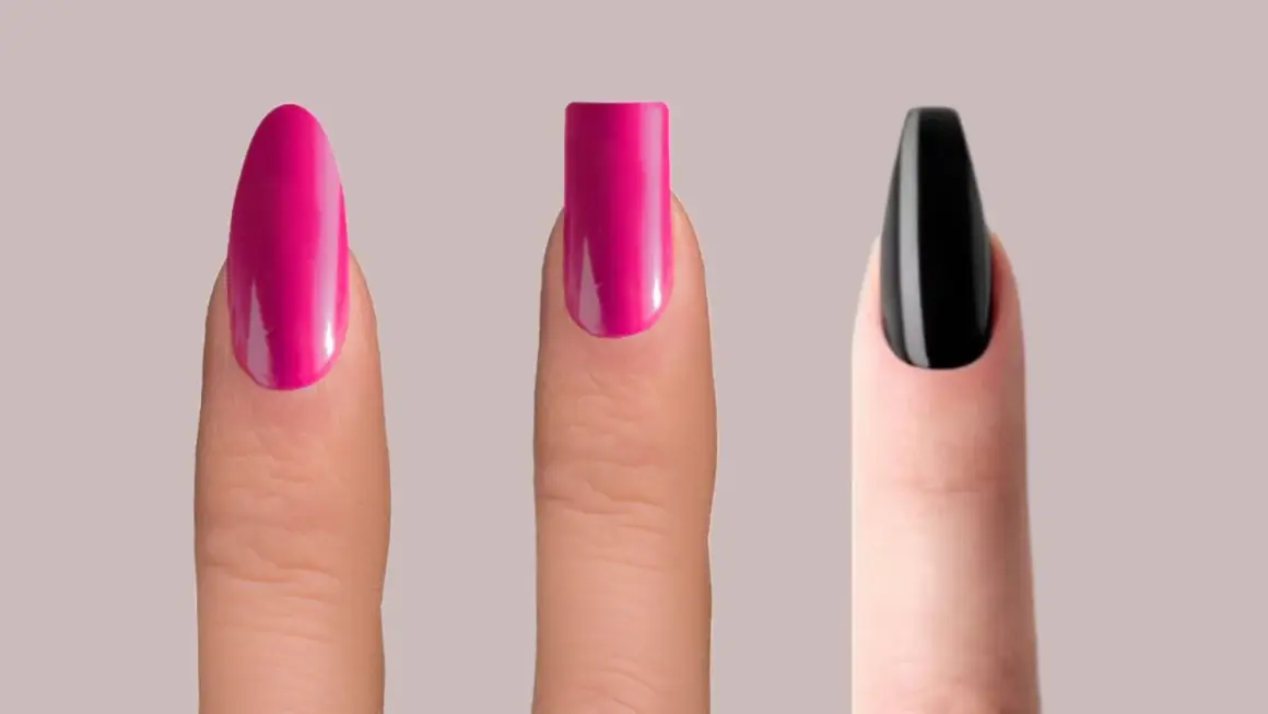 Tre fingrar visar olika nagelformer: mandelformad i rosa, fyrkantig i rosa och balerina i svart.