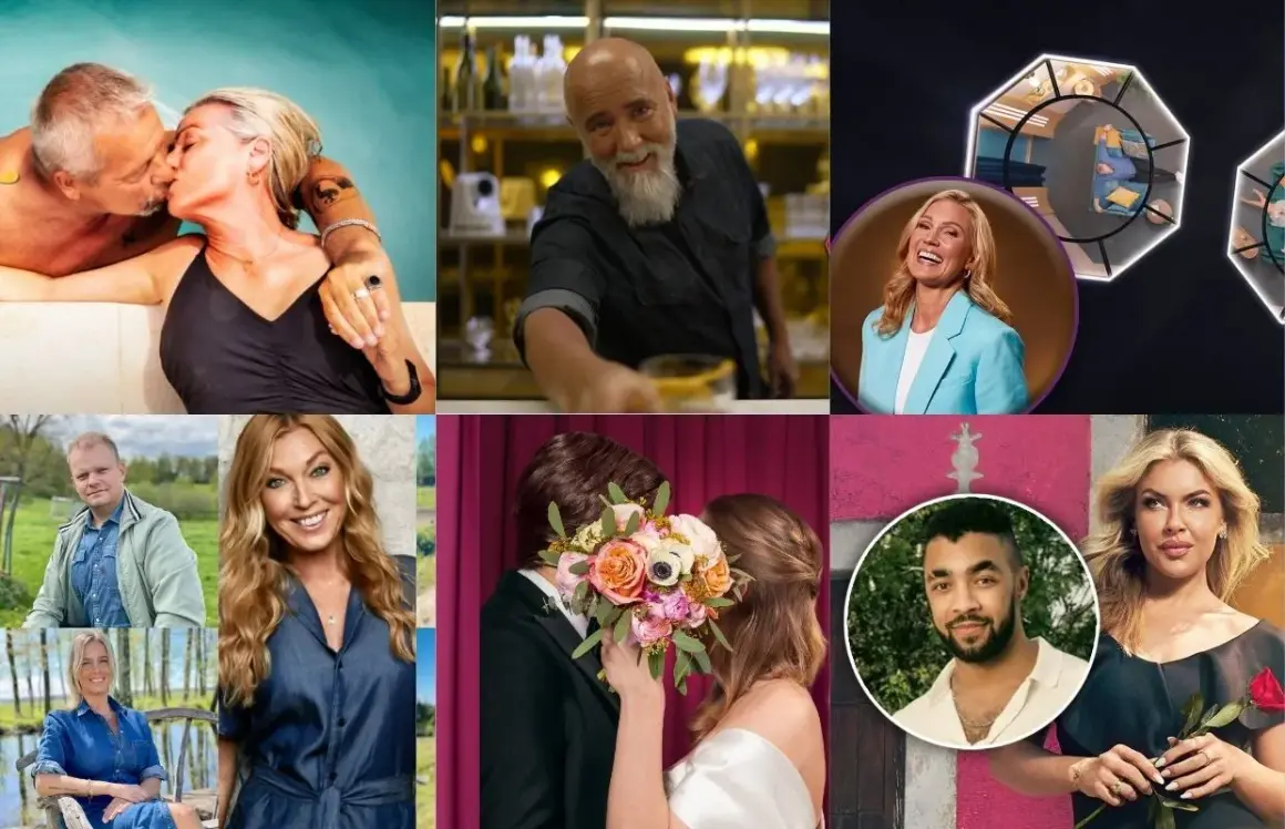 Collage med scener från svenska realityserier: par som kysser varandra, en man med skägg, en kvinna i blå kavaj, ett brudpar, och flera porträtt av deltagare.