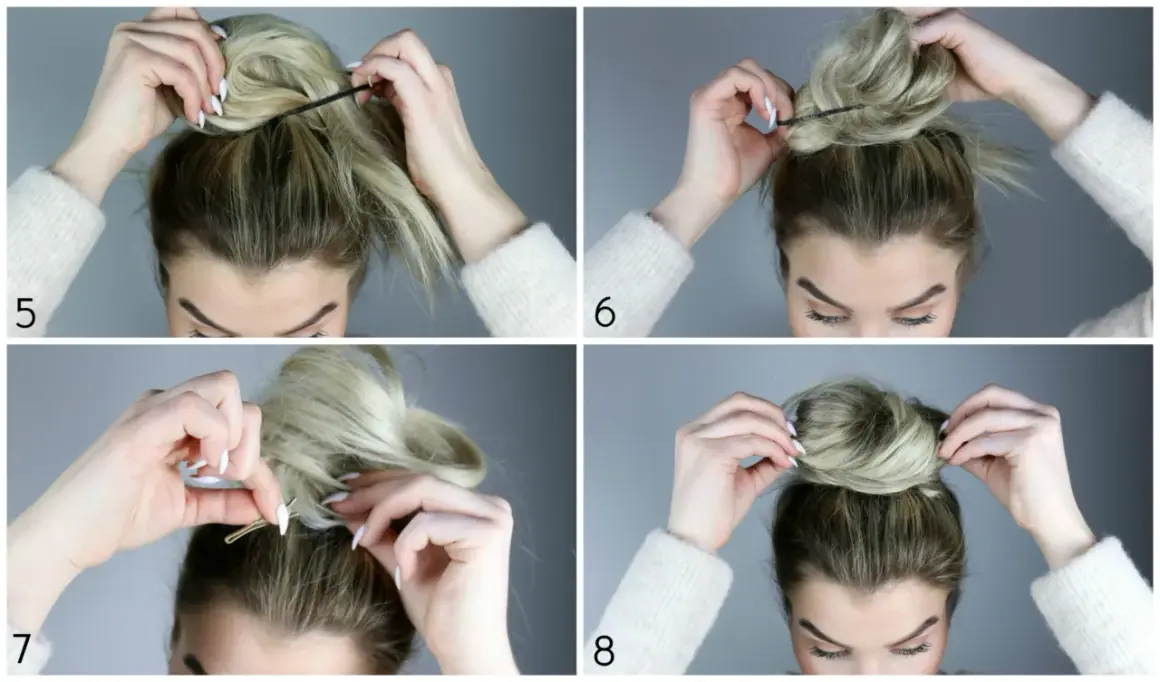 Skapa en elegant knut. Steg 5-8 visar hur man formar och fäster håret för en perfekt sleek bun.