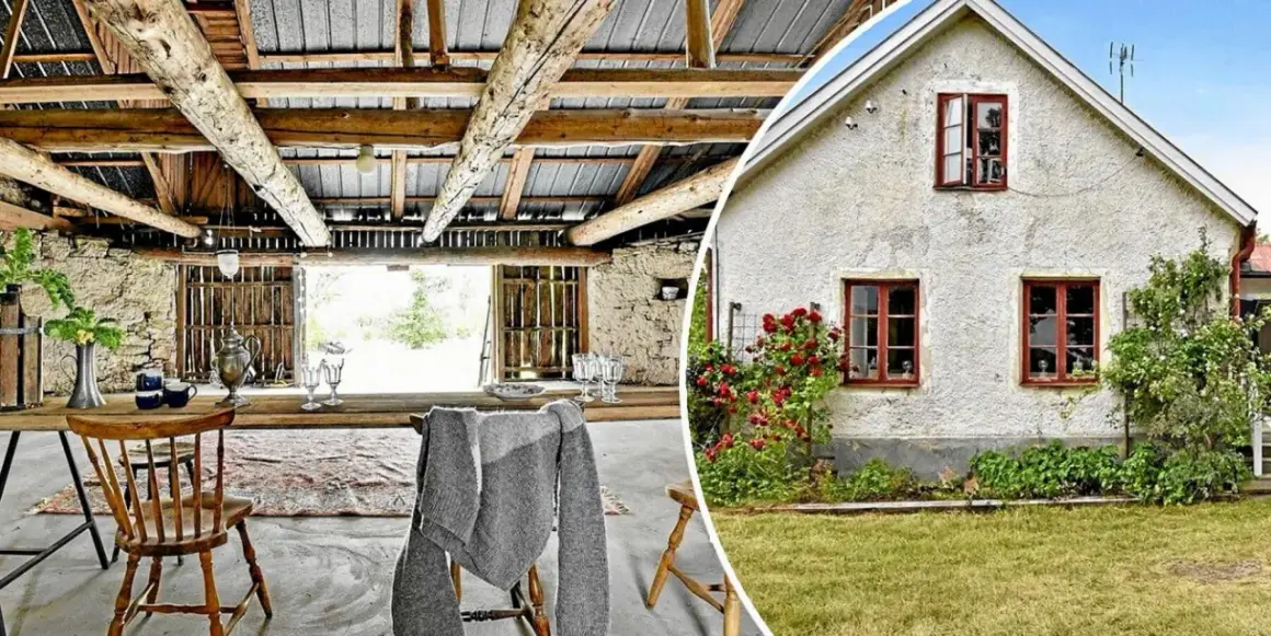 Rustik ladugård och charmigt hus med rosor, kanske en plats för Alex Schulman på Gotland.