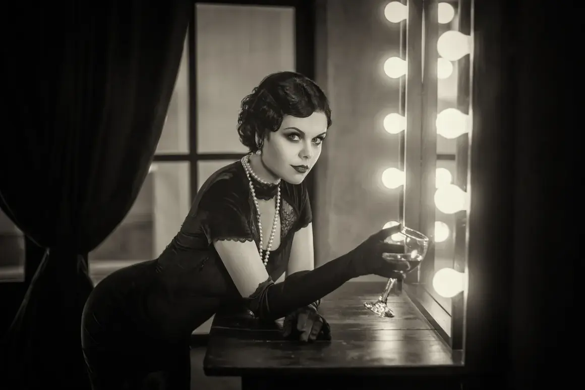 En kvinna i 1920-talsmode med pärlhalsband och långa handskar håller ett glas vin.