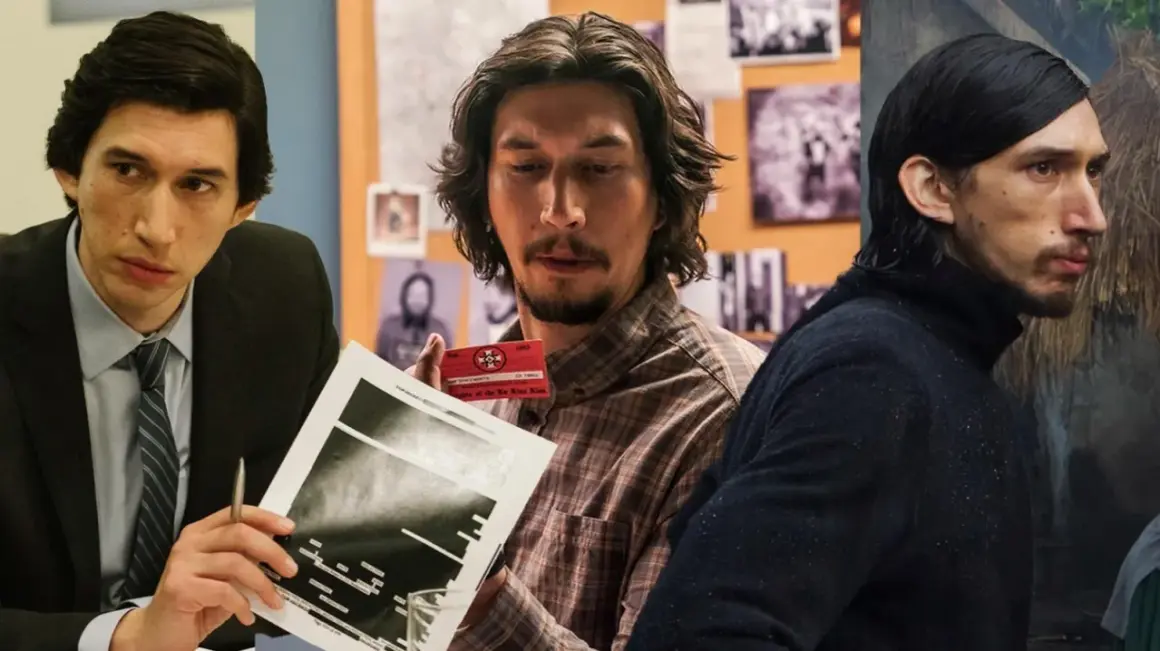 Adam Driver i tre olika roller från filmer. Han syns i kostym, rutig skjorta och med mörkt hår.