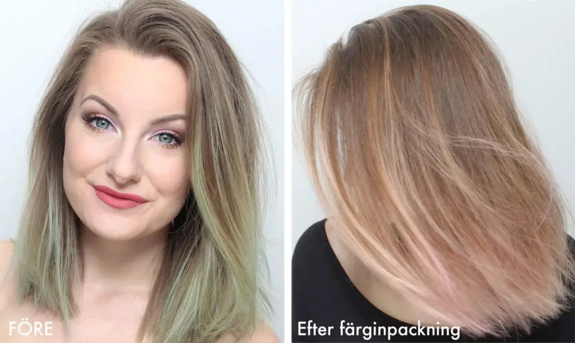 Före och efterbild på hår som fått en rosa ton efter färgning. Askobinsyra kan ge liknande resultat.