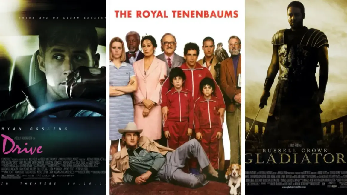Tre filmaffischer: "Drive" med Ryan Gosling, "The Royal Tenenbaums" med en ensemblecast, och "Gladiator" med Russell Crowe. Perfekt för mysiga filmer.