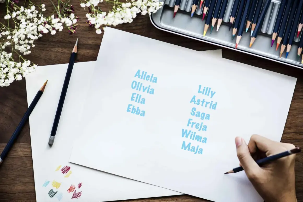 En hand skriver nordiska flicknamn som Alicia, Olivia, Ella, Ebba, Lilly, Astrid, Saga, Freja, Wilma och Maja.
