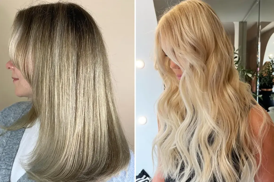 Före och efter-bilder på en hårförvandling. Vänster: mörkare, rakt hår. Höger: blont, vågigt hår med en klassisk scandinavian hairline.