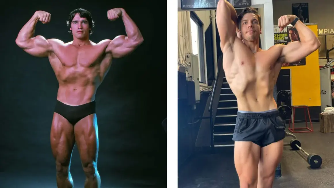 Arnold Schwarzenegger och Joseph Baena visar upp sina muskler i en jämförelse.