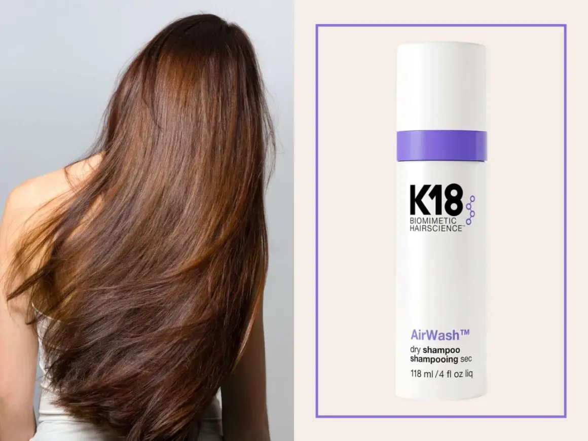 Långt, brunt hår som svajar. Bredvid en flaska K18 AirWash dry shampoo, för fräscht hår mellan tvättar.