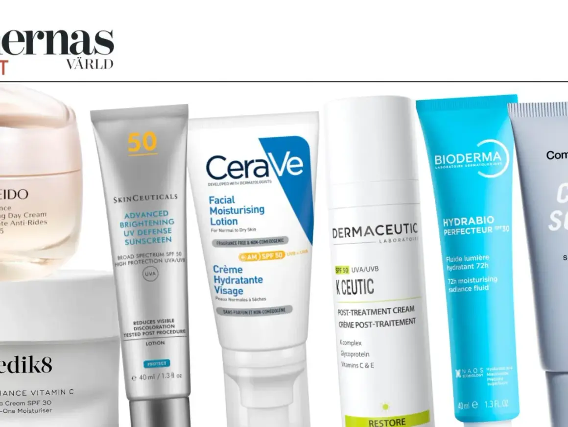 Flera solskyddsprodukter med SPF, inklusive SkinCeuticals och Bioderma, visas.