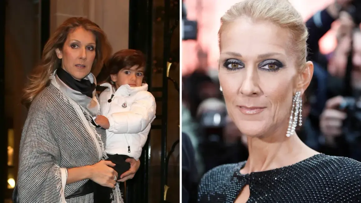 Celine Dion håller sitt barn, en pojke i vit jacka. Till höger syns Celine Dion med smink och örhängen.
