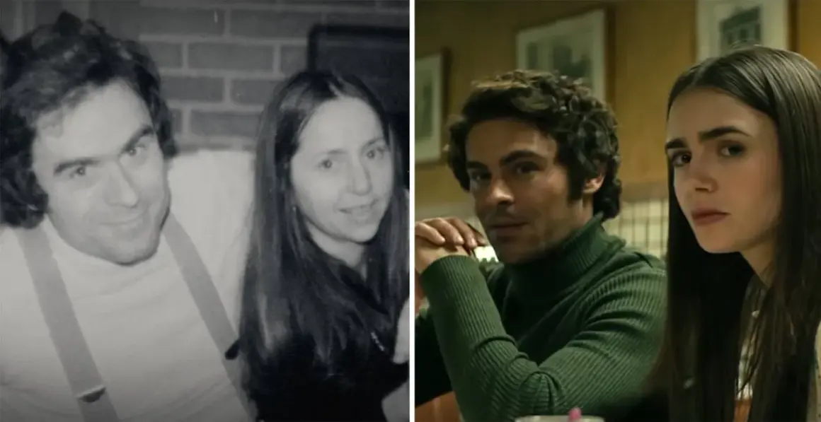 Bilden visar en jämförelse mellan verkliga foton och scener från filmen Ted Bundy.