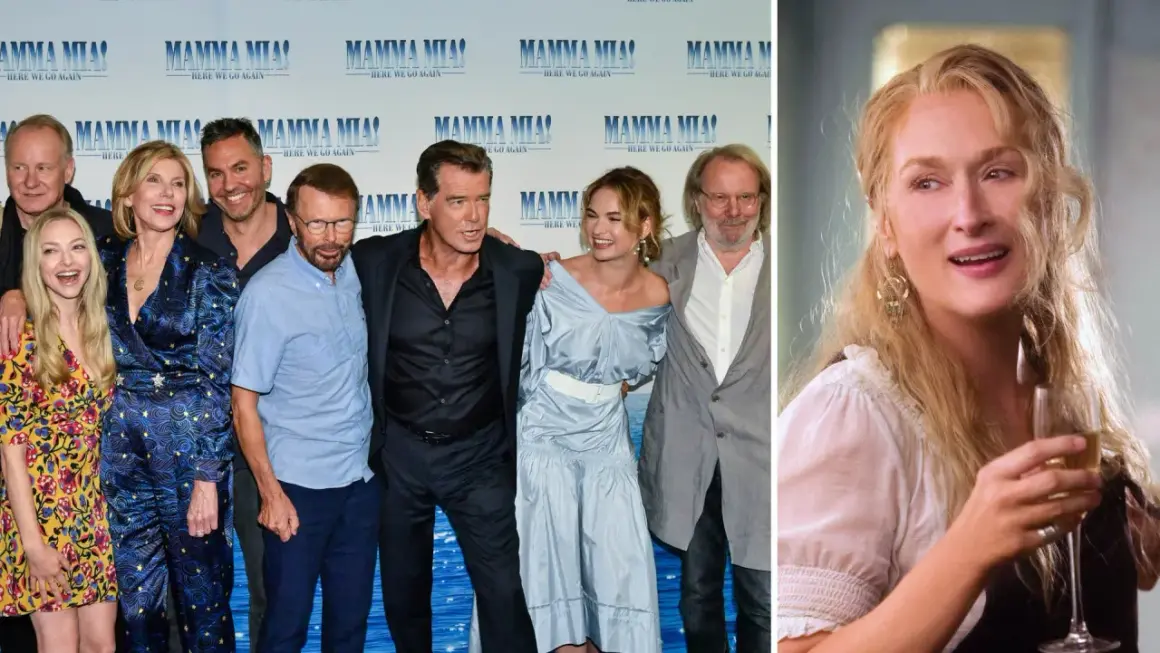 Skådespelarna från Mamma Mia! Here We Go Again samlade, med Meryl Streep som njuter av ett glas. Mamma mia 3!
