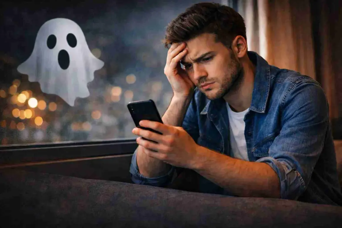 En man sitter med mobilen och ser bekymrad ut. Utanför fönstret syns en spöklik figur, som om någon vill ghosta honom.