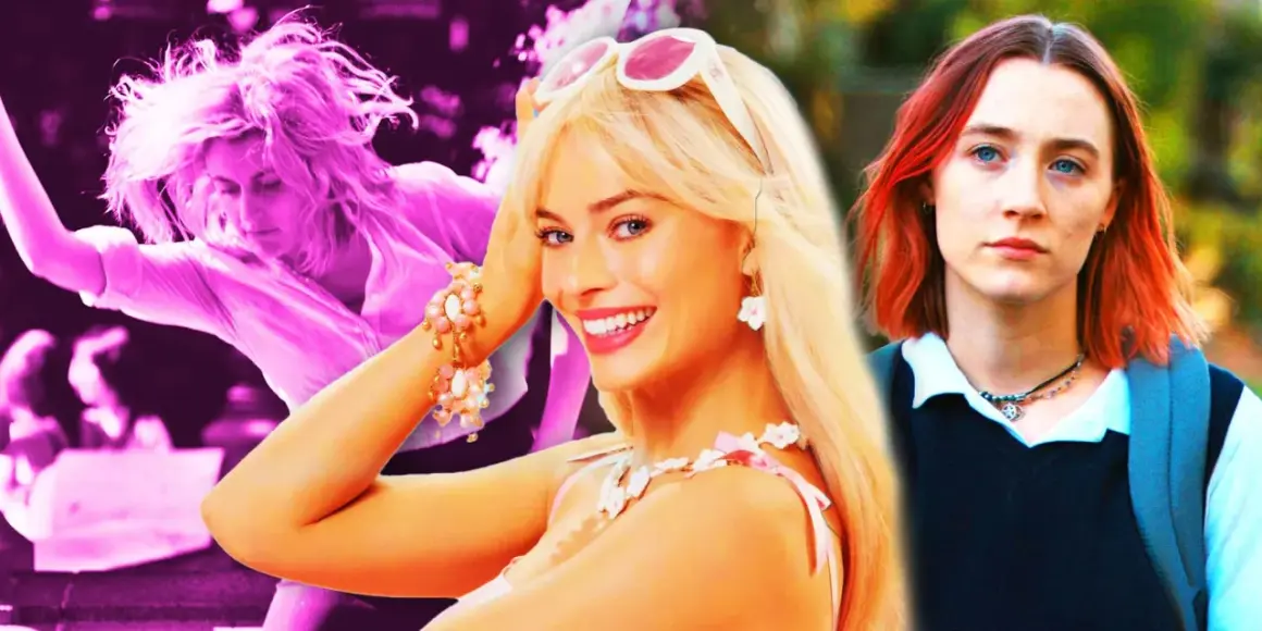 Tre kvinnor från filmer med Greta Gerwig: en i rosa, en som Barbie och en med rött hår.