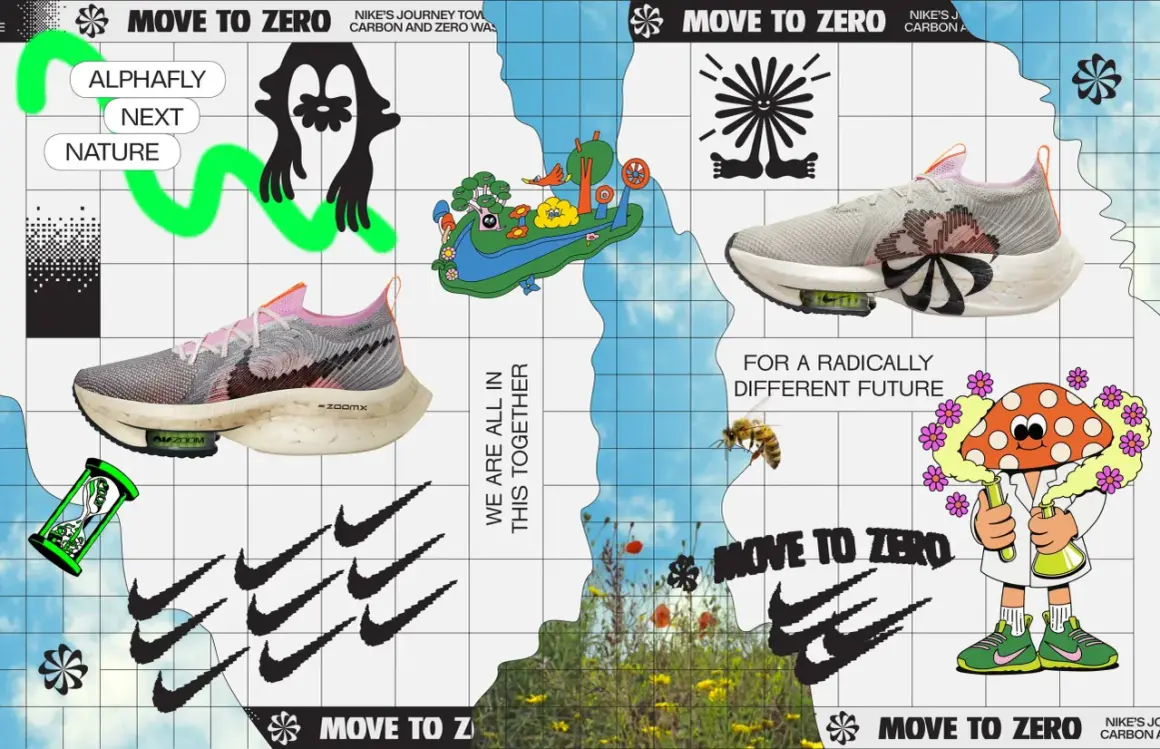 En sko och en svampkaraktär med texten "MOVE TO ZERO" som symboliserar Nikes resa mot en koldioxidfri framtid.