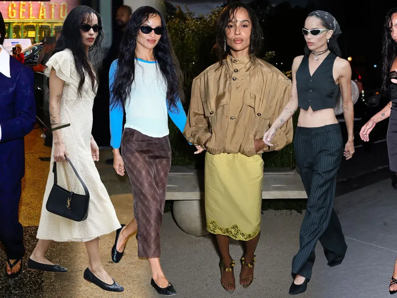Zoe Kravitz style: en collage av hennes olika modeögonblick, från eleganta klänningar till avslappnade outfits.